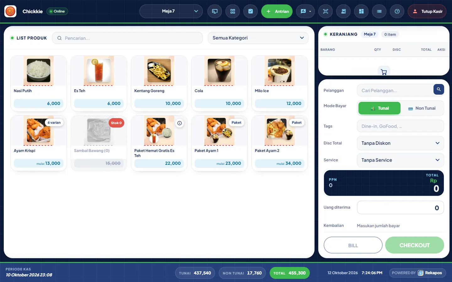 Kasir web toko demo chickkie dengan produk bergambar, varian dan paket, ikon Layar Pelanggan, Meja, Status pekerjaan